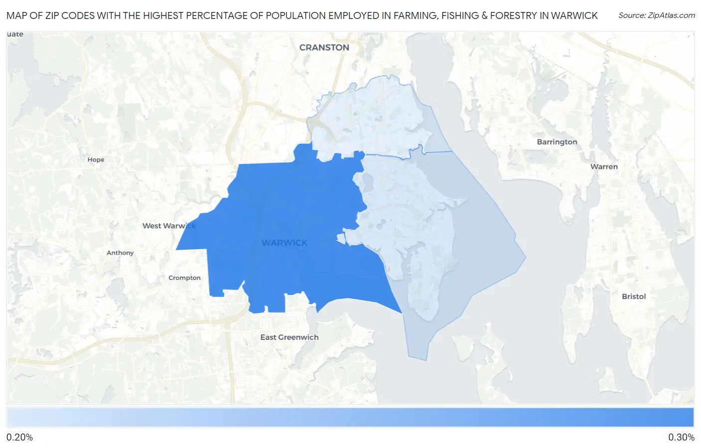Zip Codes with the Highest Percentage of Population Employed in Farming, Fishing & Forestry in Warwick Map