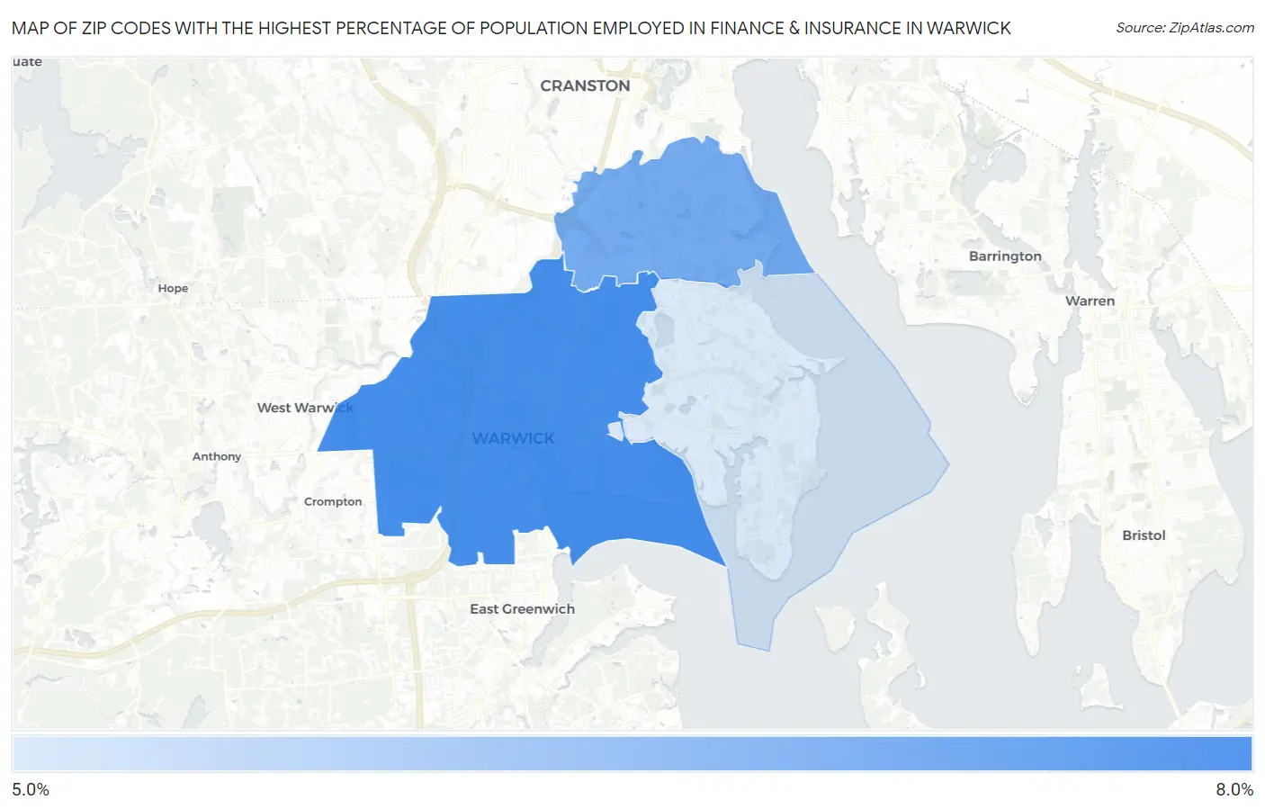 Zip Codes with the Highest Percentage of Population Employed in Finance & Insurance in Warwick Map