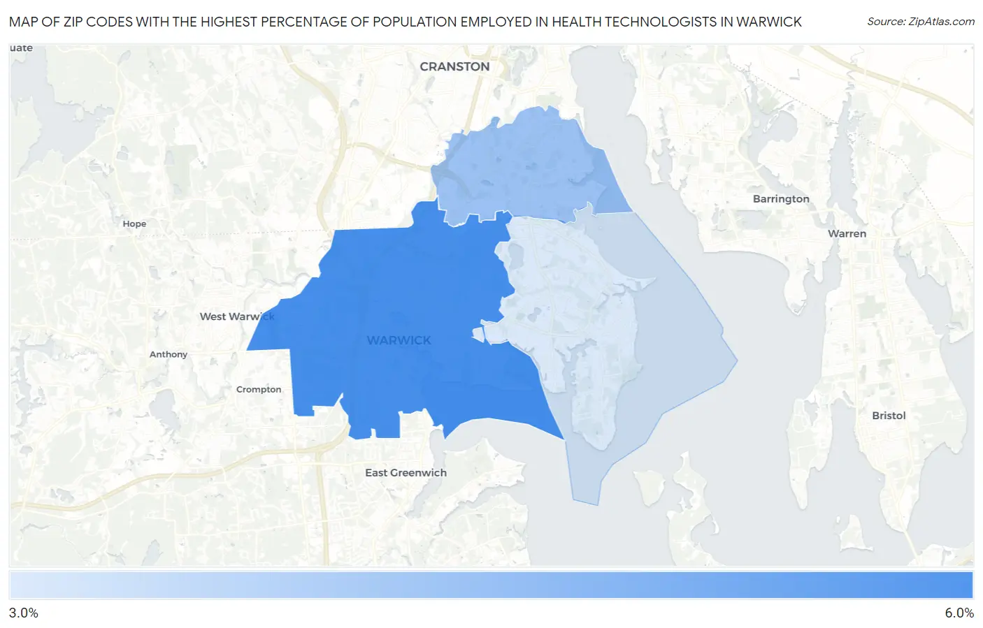 Zip Codes with the Highest Percentage of Population Employed in Health Technologists in Warwick Map
