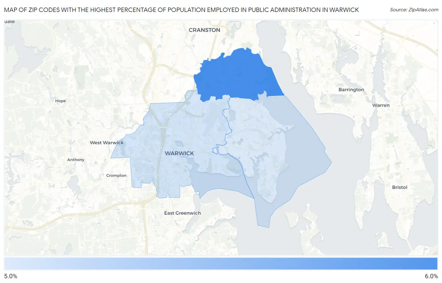 Zip Codes with the Highest Percentage of Population Employed in Public Administration in Warwick Map