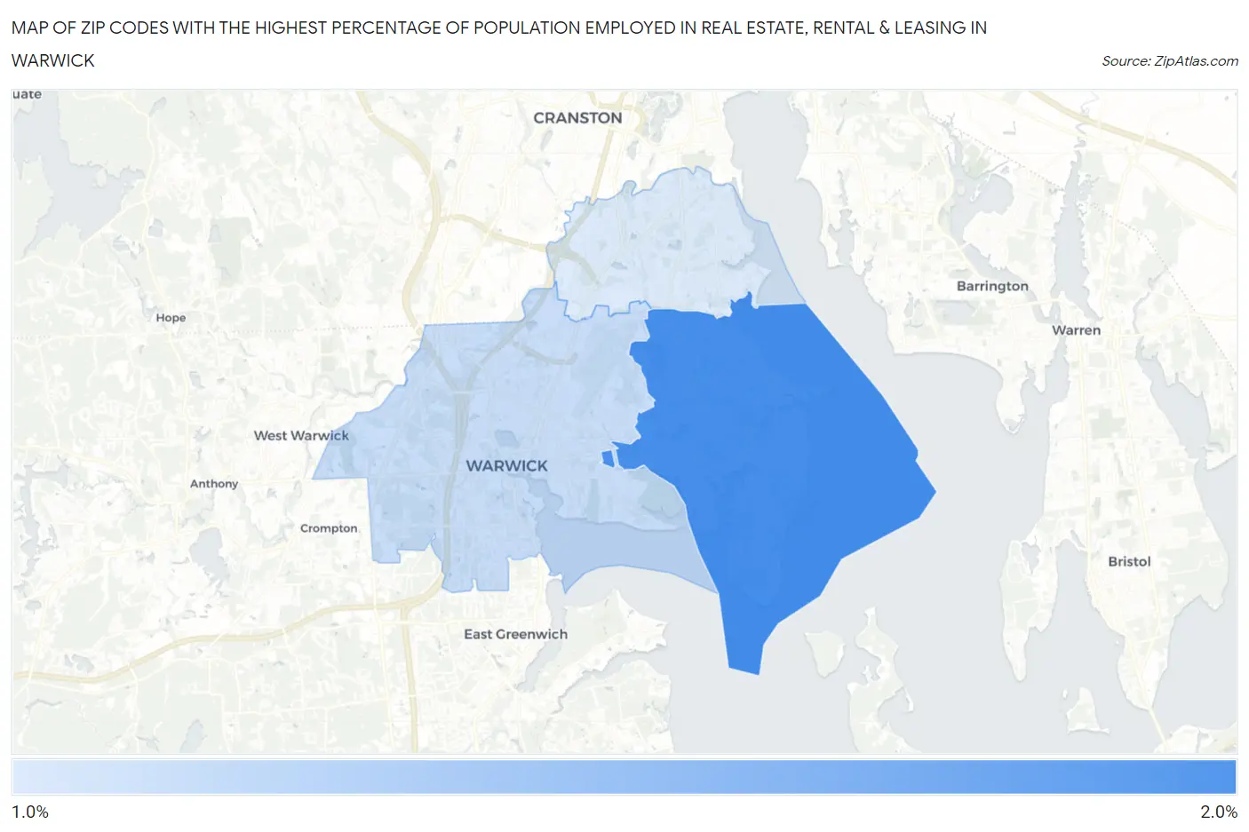 Zip Codes with the Highest Percentage of Population Employed in Real Estate, Rental & Leasing in Warwick Map