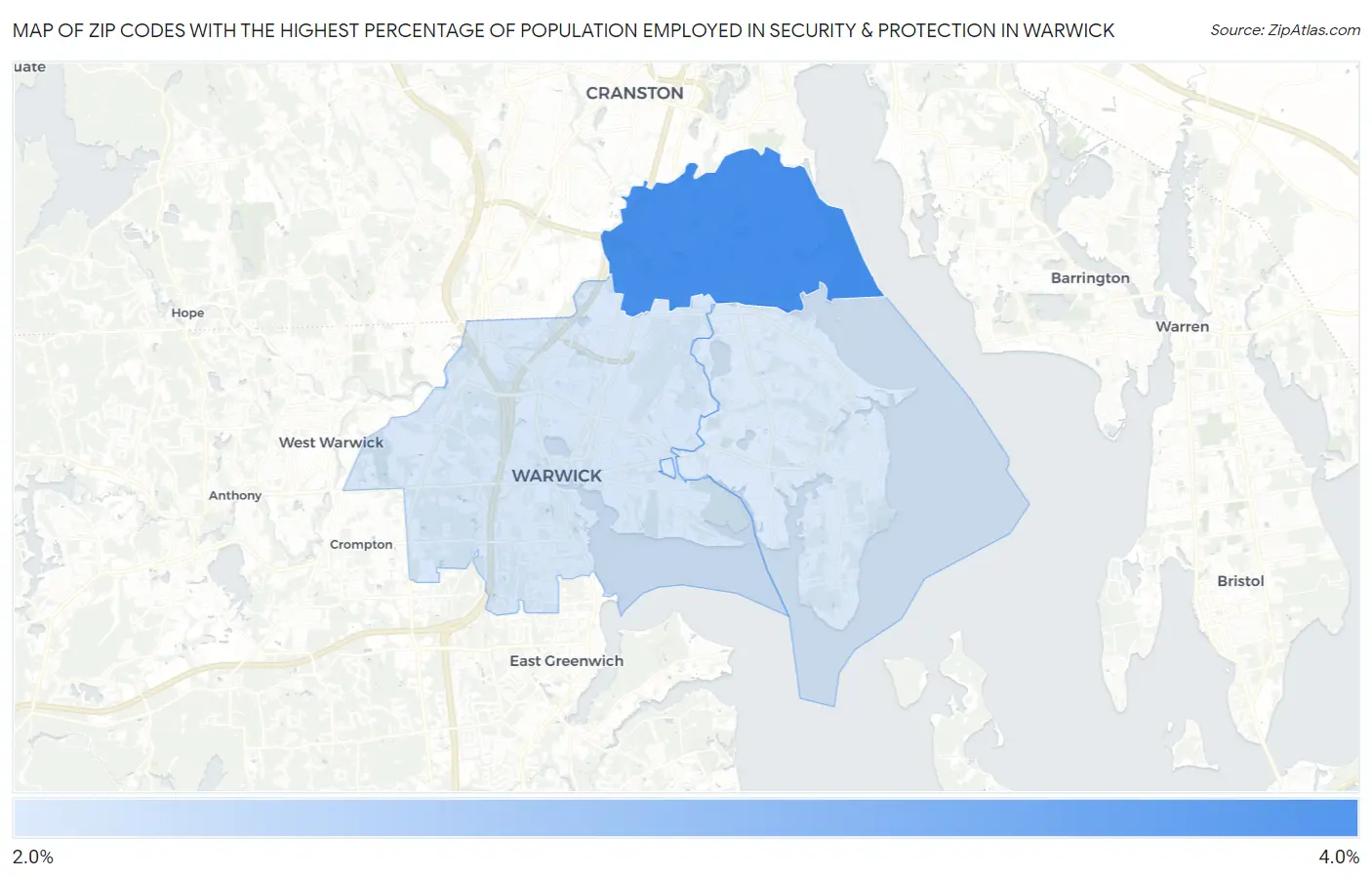 Zip Codes with the Highest Percentage of Population Employed in Security & Protection in Warwick Map