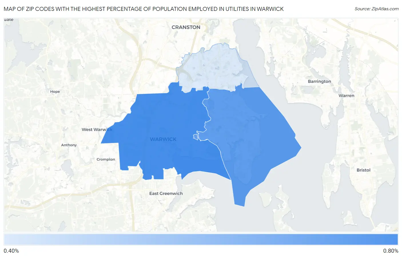 Zip Codes with the Highest Percentage of Population Employed in Utilities in Warwick Map