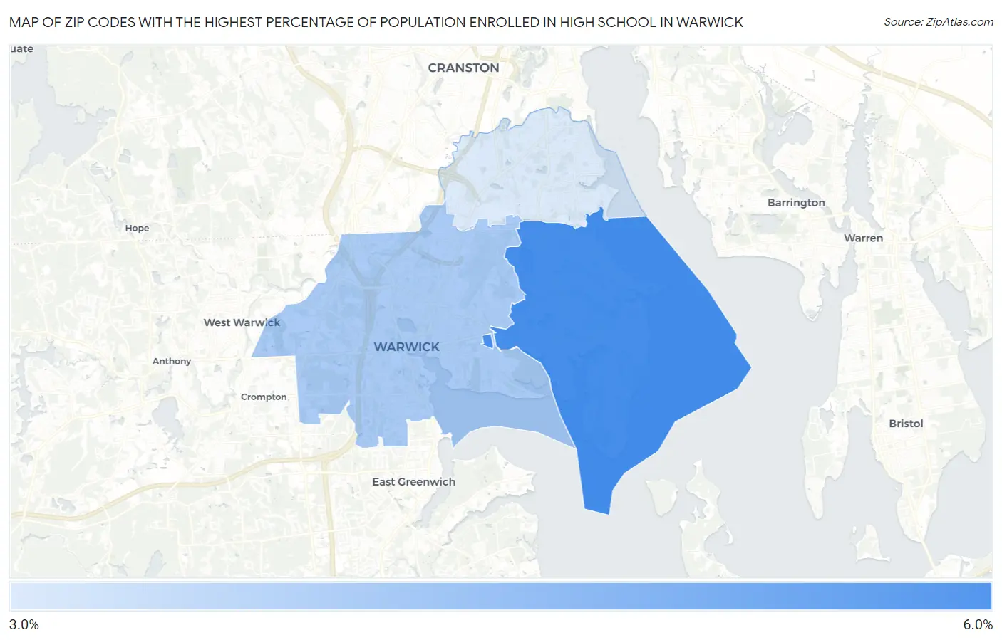 Zip Codes with the Highest Percentage of Population Enrolled in High School in Warwick Map