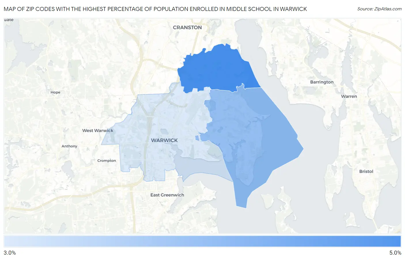 Zip Codes with the Highest Percentage of Population Enrolled in Middle School in Warwick Map