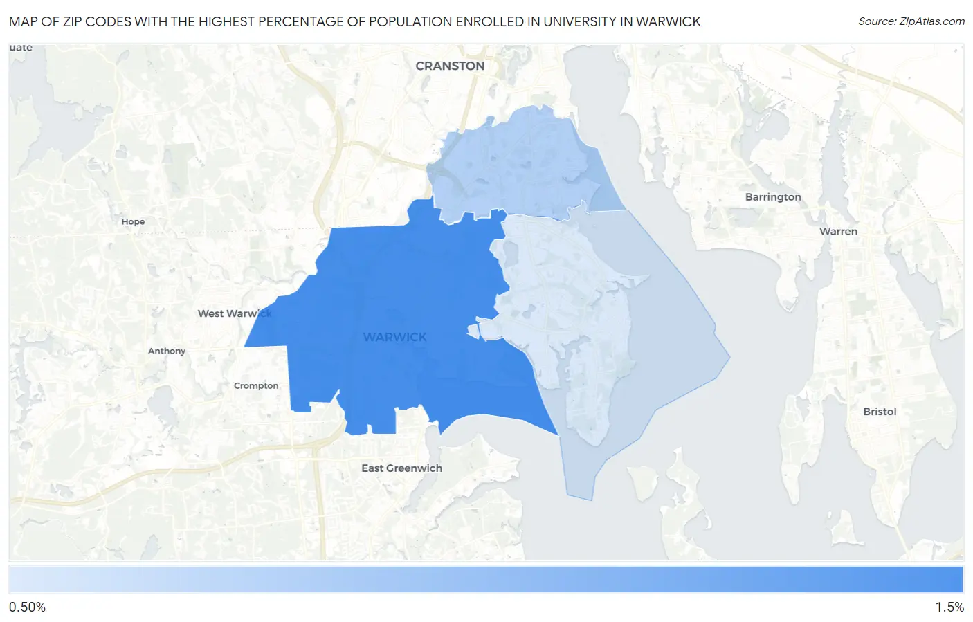 Zip Codes with the Highest Percentage of Population Enrolled in University in Warwick Map