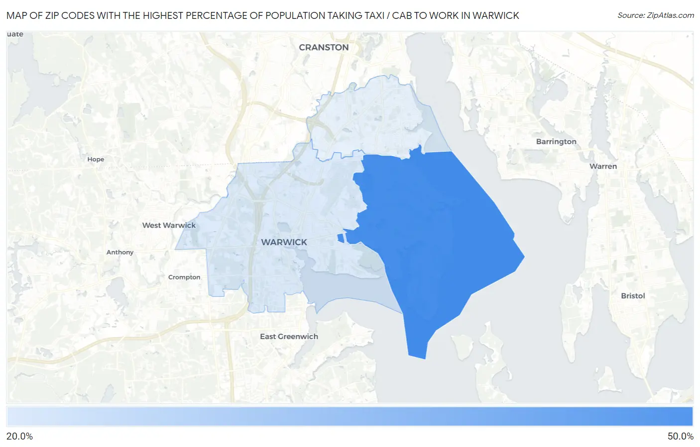 Zip Codes with the Highest Percentage of Population Taking Taxi / Cab to Work in Warwick Map