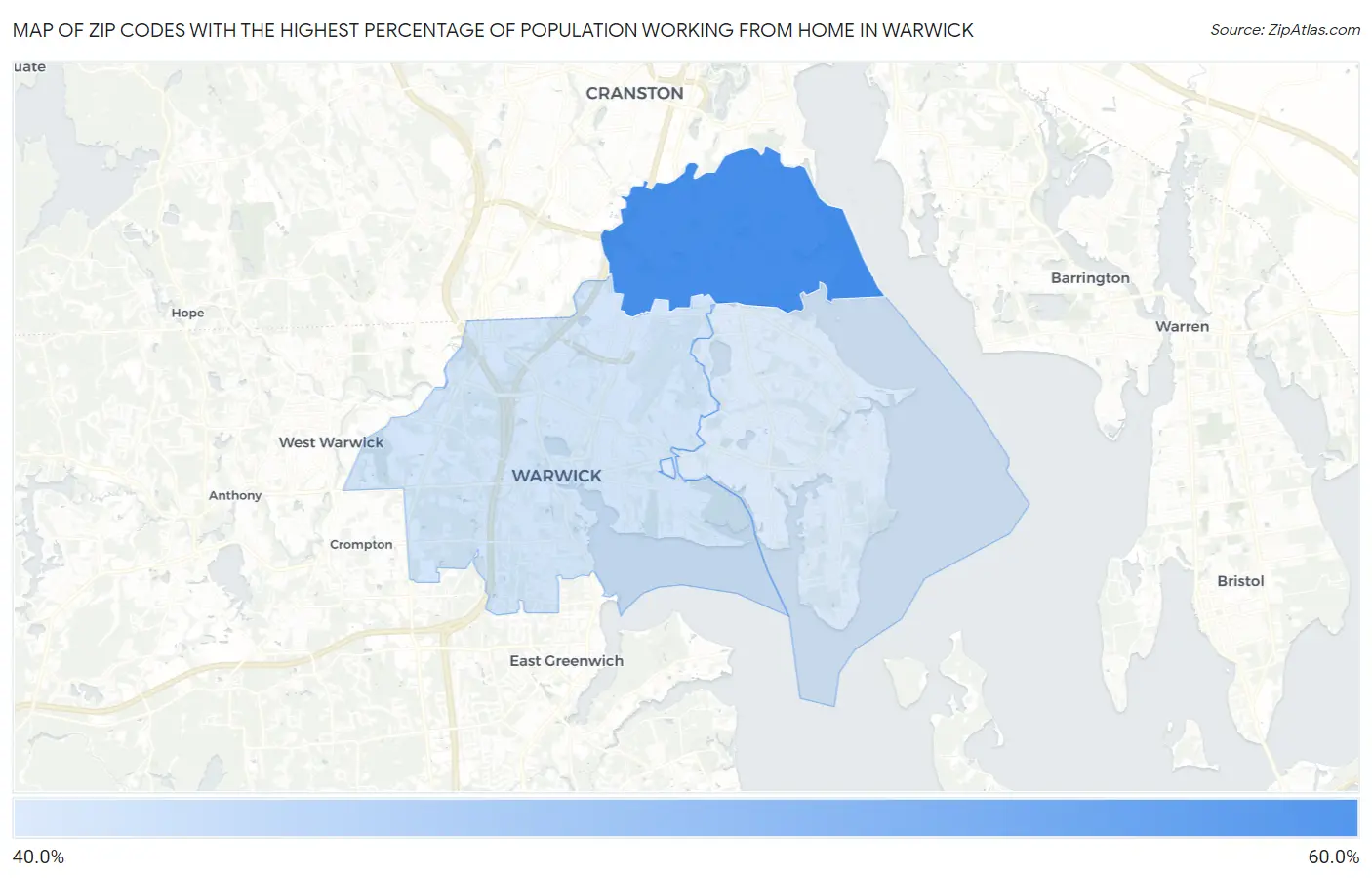 Zip Codes with the Highest Percentage of Population Working from Home in Warwick Map