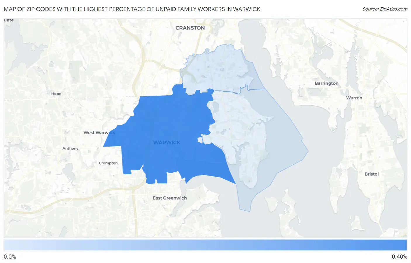 Zip Codes with the Highest Percentage of Unpaid Family Workers in Warwick Map