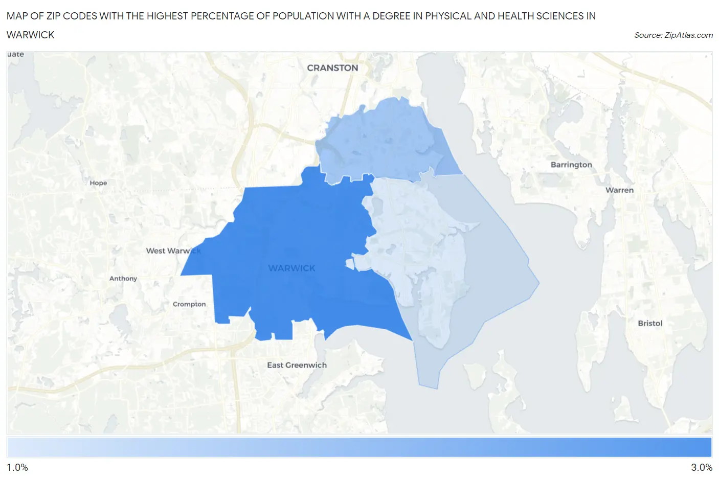 Zip Codes with the Highest Percentage of Population with a Degree in Physical and Health Sciences in Warwick Map