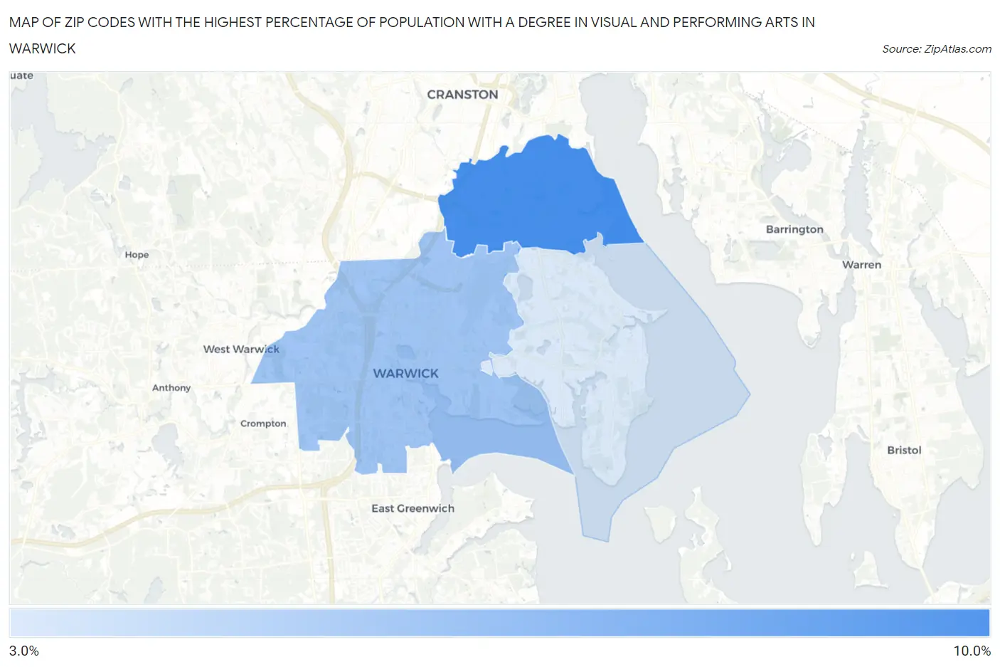 Zip Codes with the Highest Percentage of Population with a Degree in Visual and Performing Arts in Warwick Map