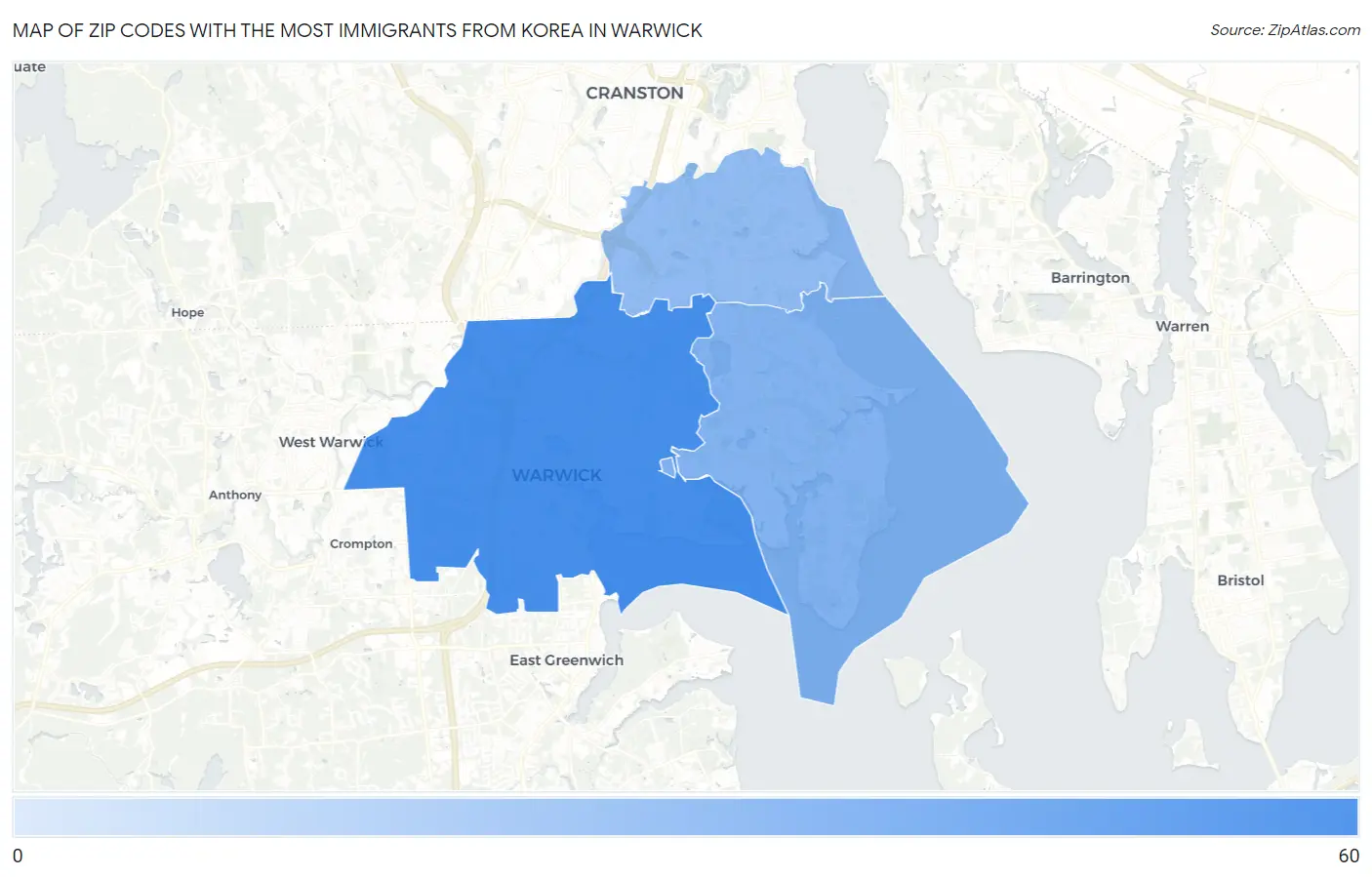Zip Codes with the Most Immigrants from Korea in Warwick Map