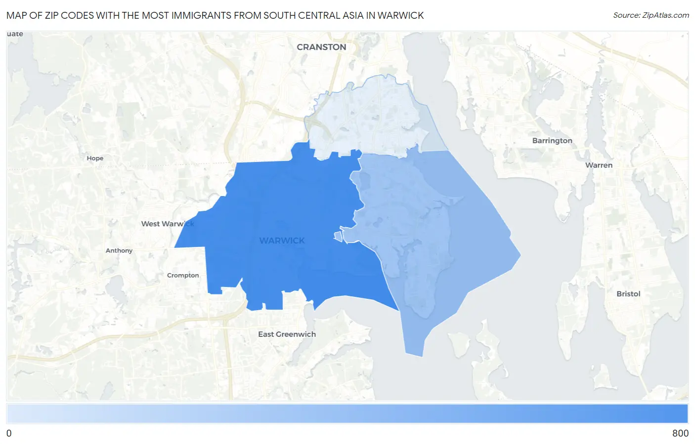Zip Codes with the Most Immigrants from South Central Asia in Warwick Map
