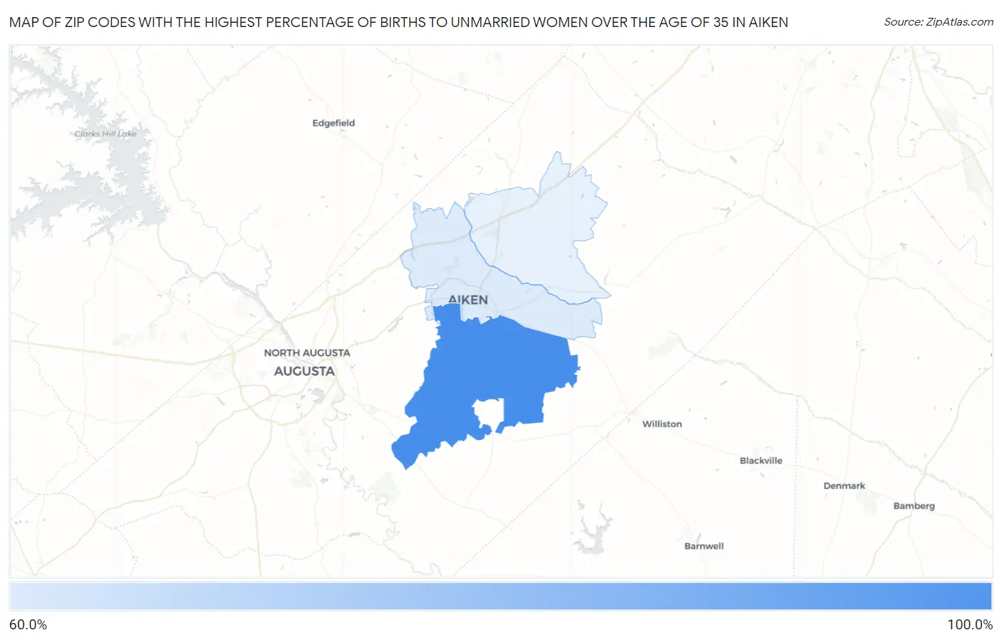 Zip Codes with the Highest Percentage of Births to Unmarried Women over the Age of 35 in Aiken Map