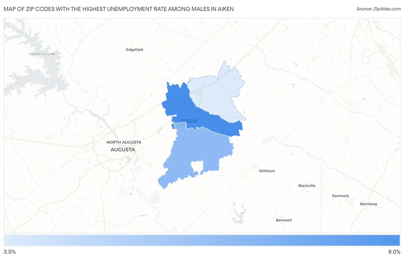 Zip Codes with the Highest Unemployment Rate Among Males in Aiken Map