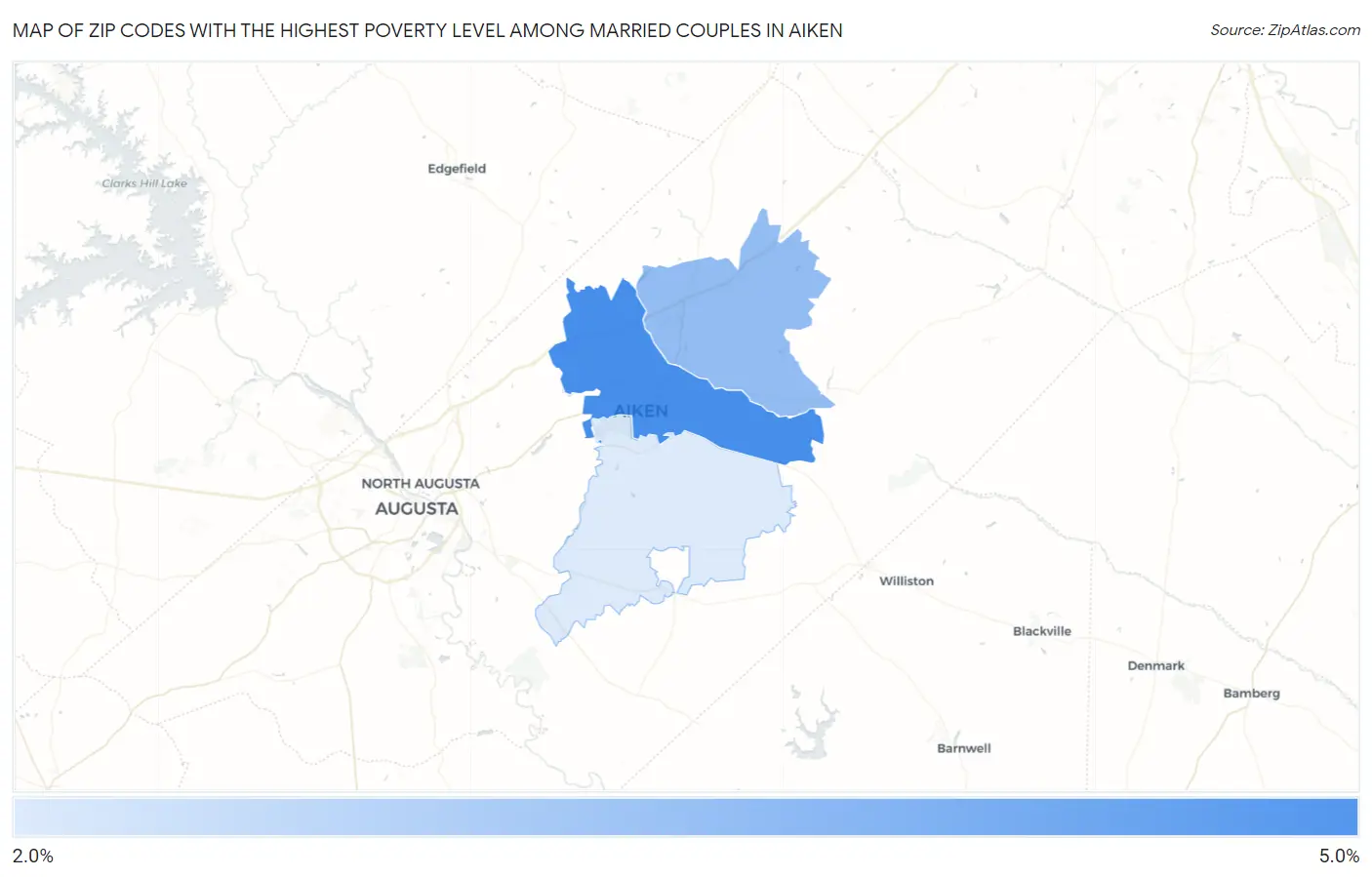 Zip Codes with the Highest Poverty Level Among Married Couples in Aiken Map