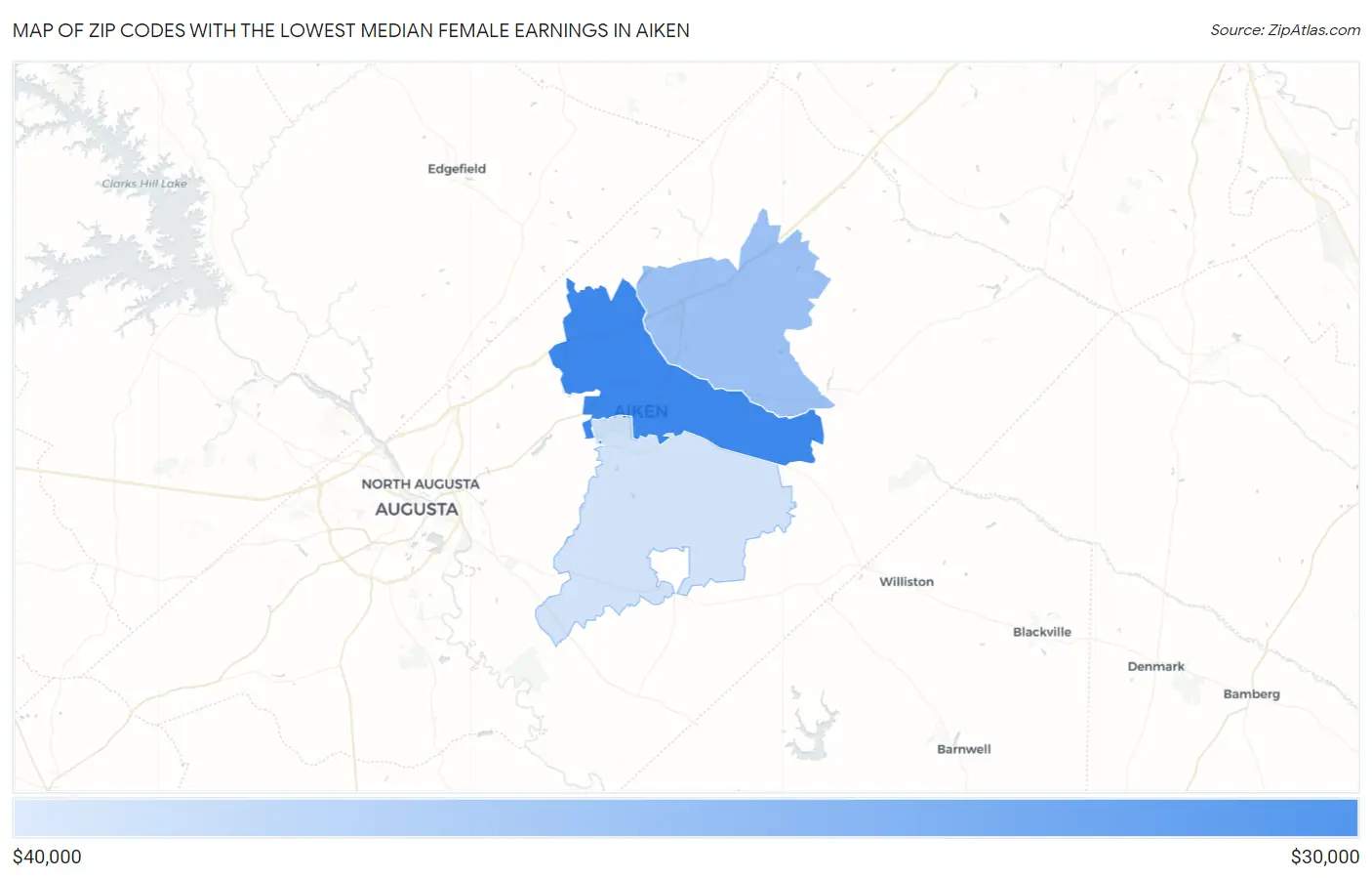 Zip Codes with the Lowest Median Female Earnings in Aiken Map