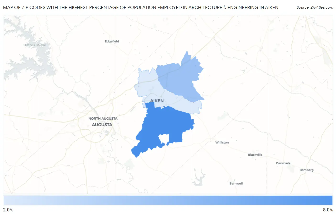 Zip Codes with the Highest Percentage of Population Employed in Architecture & Engineering in Aiken Map