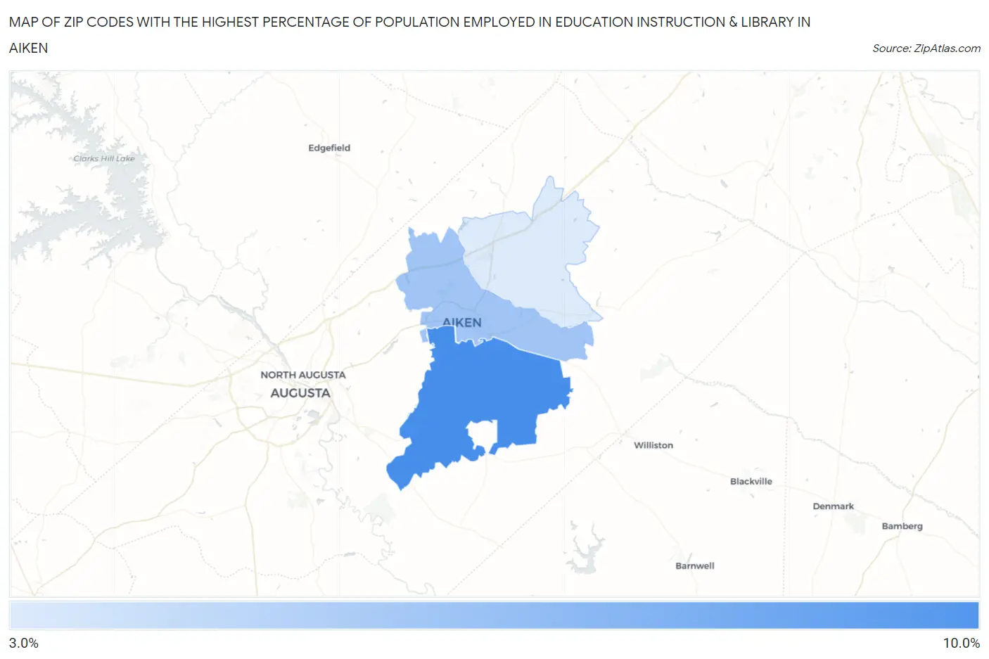 Zip Codes with the Highest Percentage of Population Employed in Education Instruction & Library in Aiken Map