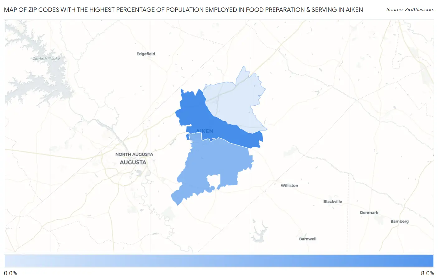 Zip Codes with the Highest Percentage of Population Employed in Food Preparation & Serving in Aiken Map