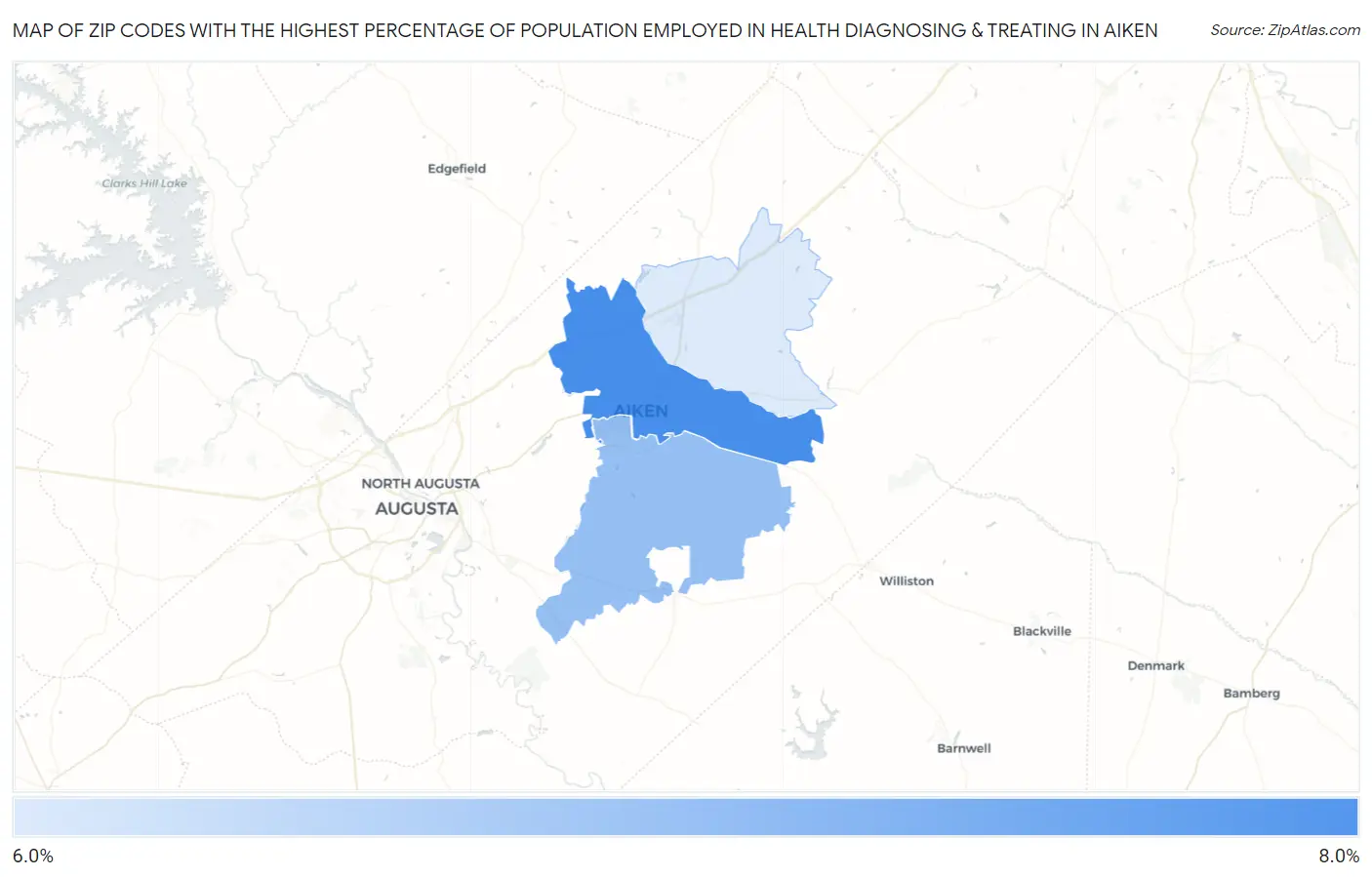 Zip Codes with the Highest Percentage of Population Employed in Health Diagnosing & Treating in Aiken Map
