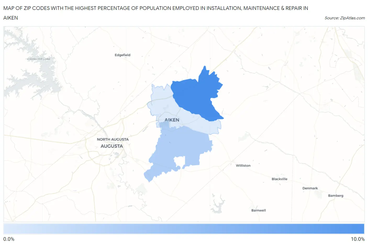 Zip Codes with the Highest Percentage of Population Employed in Installation, Maintenance & Repair in Aiken Map