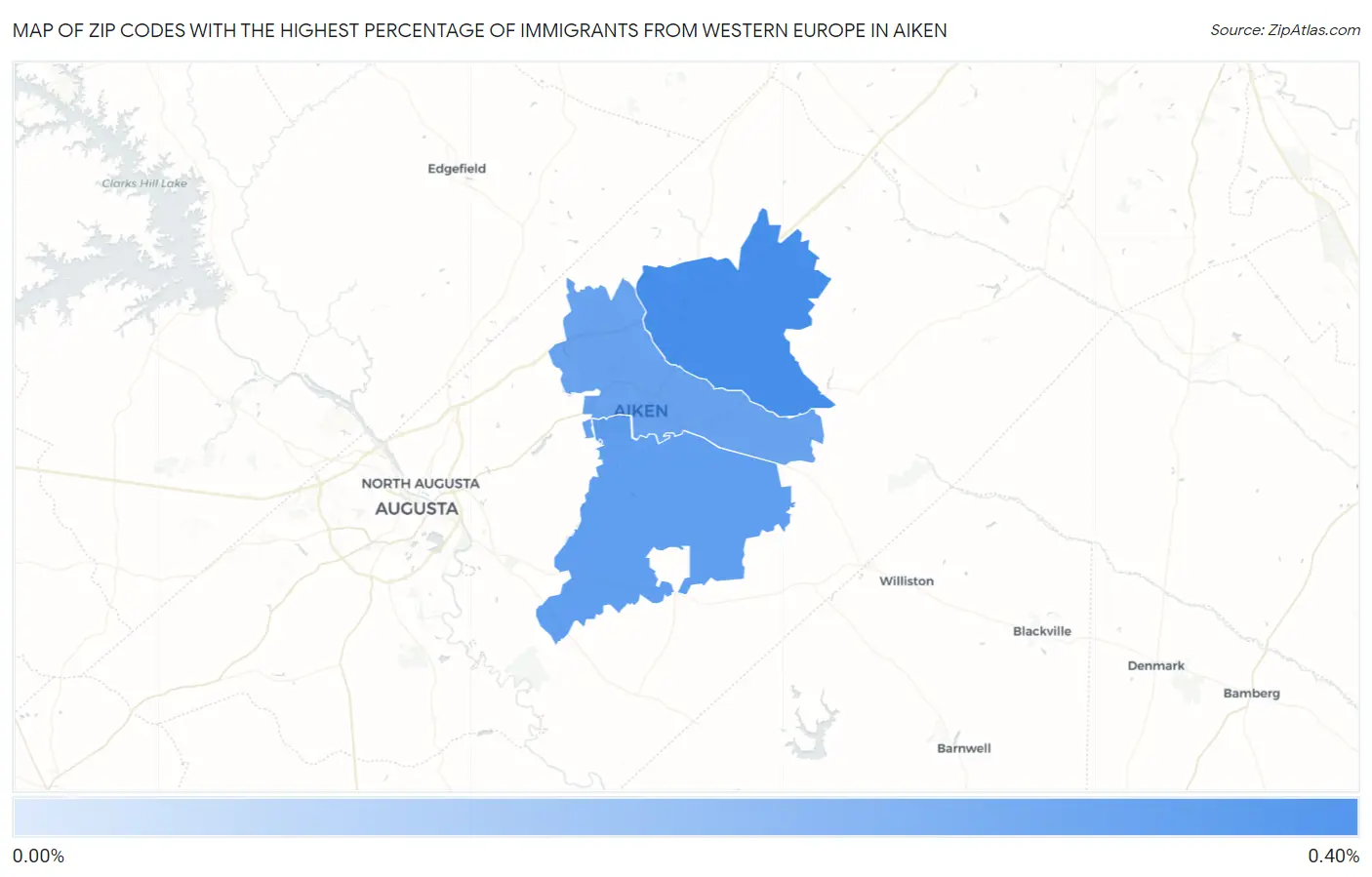 Zip Codes with the Highest Percentage of Immigrants from Western Europe in Aiken Map