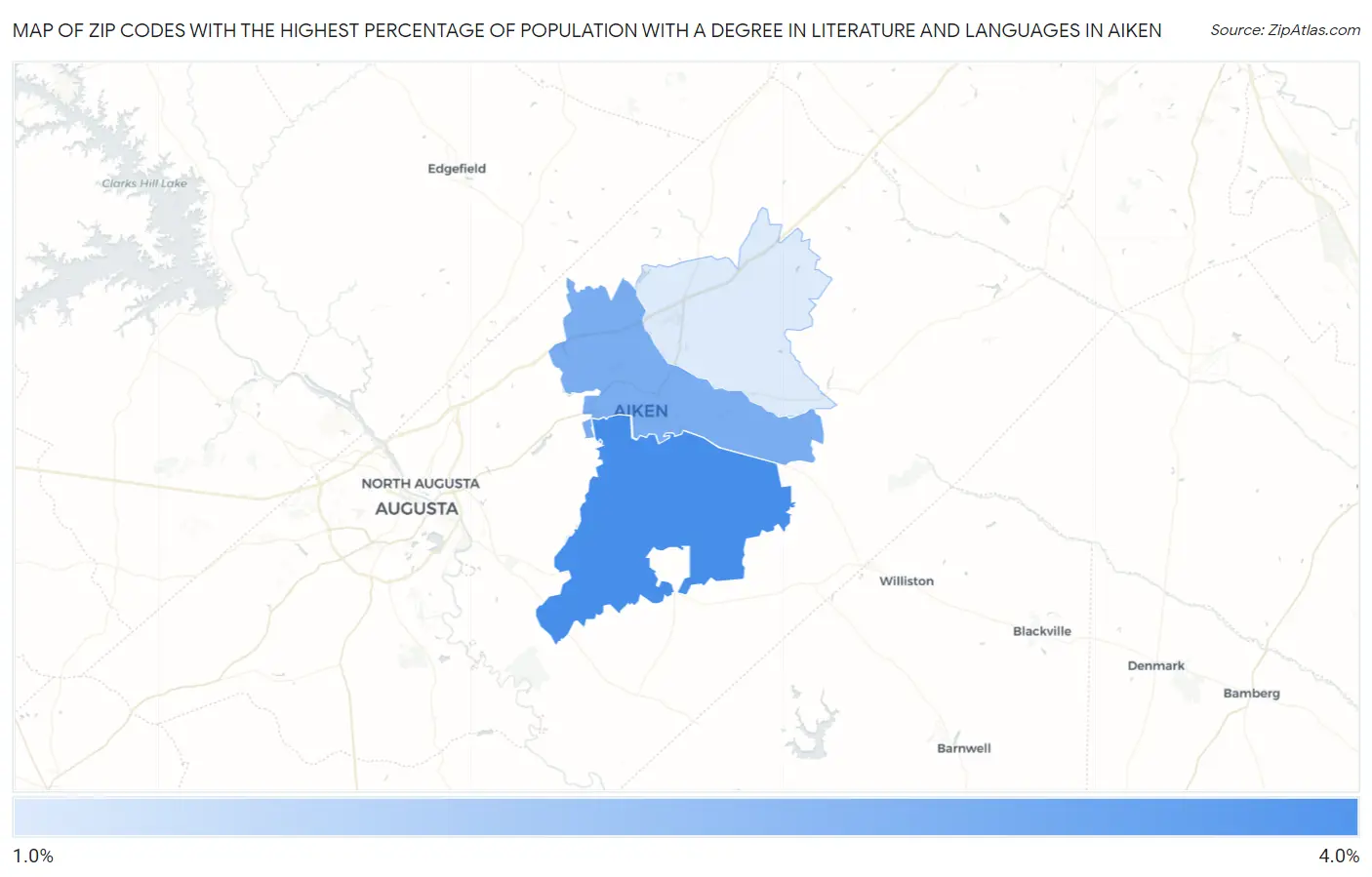Zip Codes with the Highest Percentage of Population with a Degree in Literature and Languages in Aiken Map