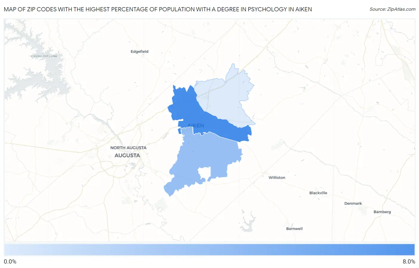 Zip Codes with the Highest Percentage of Population with a Degree in Psychology in Aiken Map