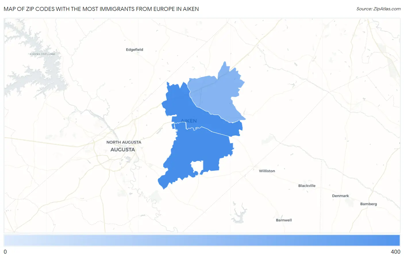 Zip Codes with the Most Immigrants from Europe in Aiken Map