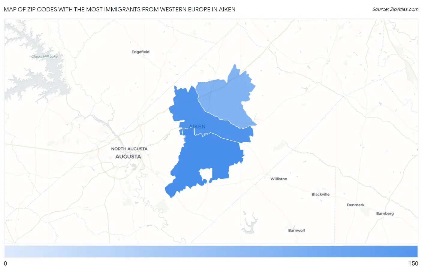 Zip Codes with the Most Immigrants from Western Europe in Aiken Map