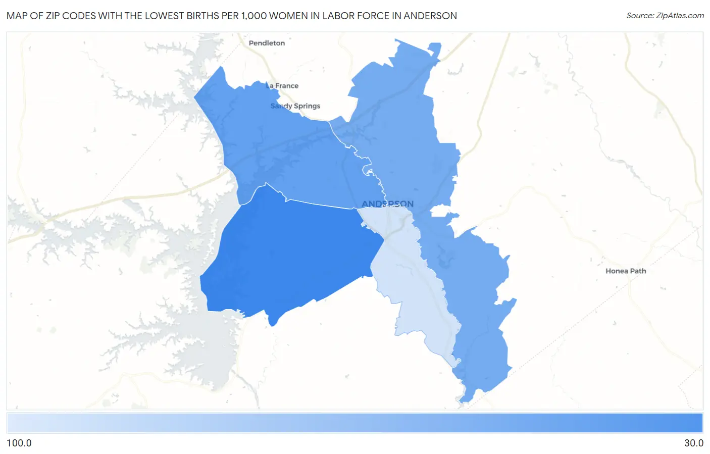 Zip Codes with the Lowest Births per 1,000 Women in Labor Force in Anderson Map