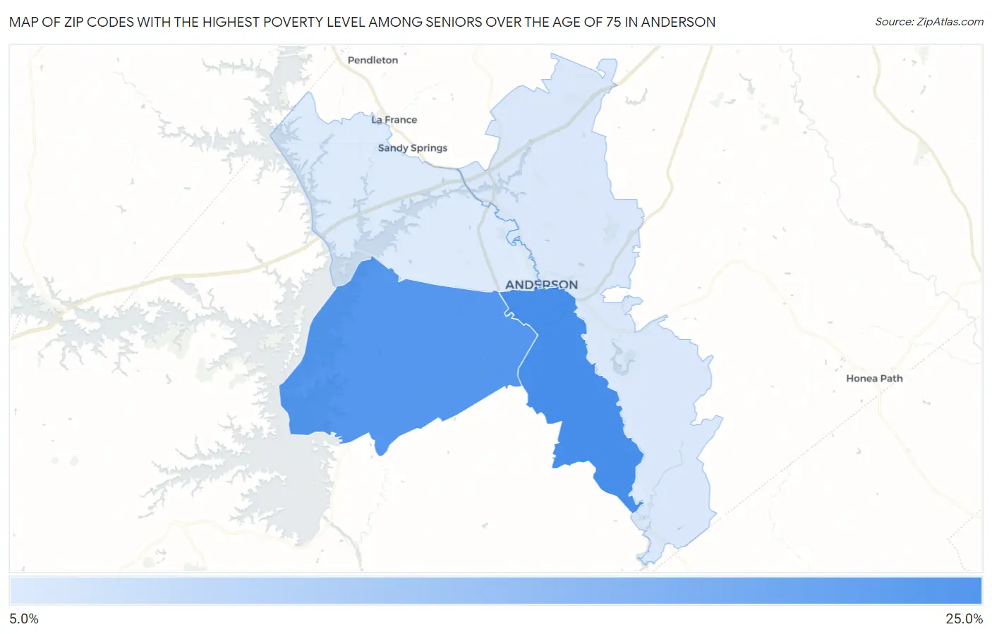 Zip Codes with the Highest Poverty Level Among Seniors Over the Age of 75 in Anderson Map