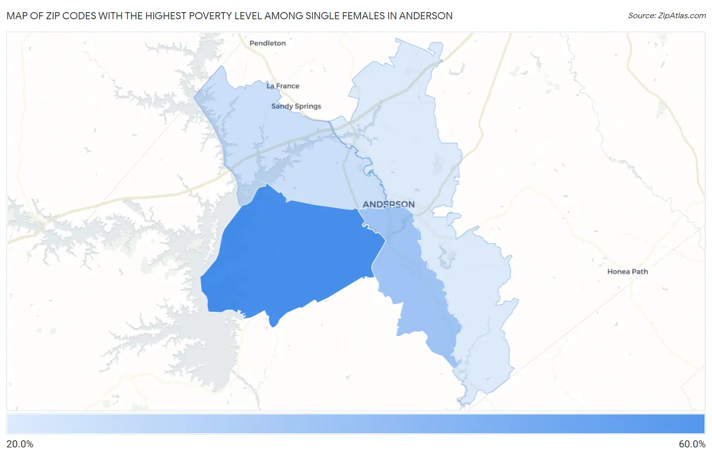 Zip Codes with the Highest Poverty Level Among Single Females in Anderson Map