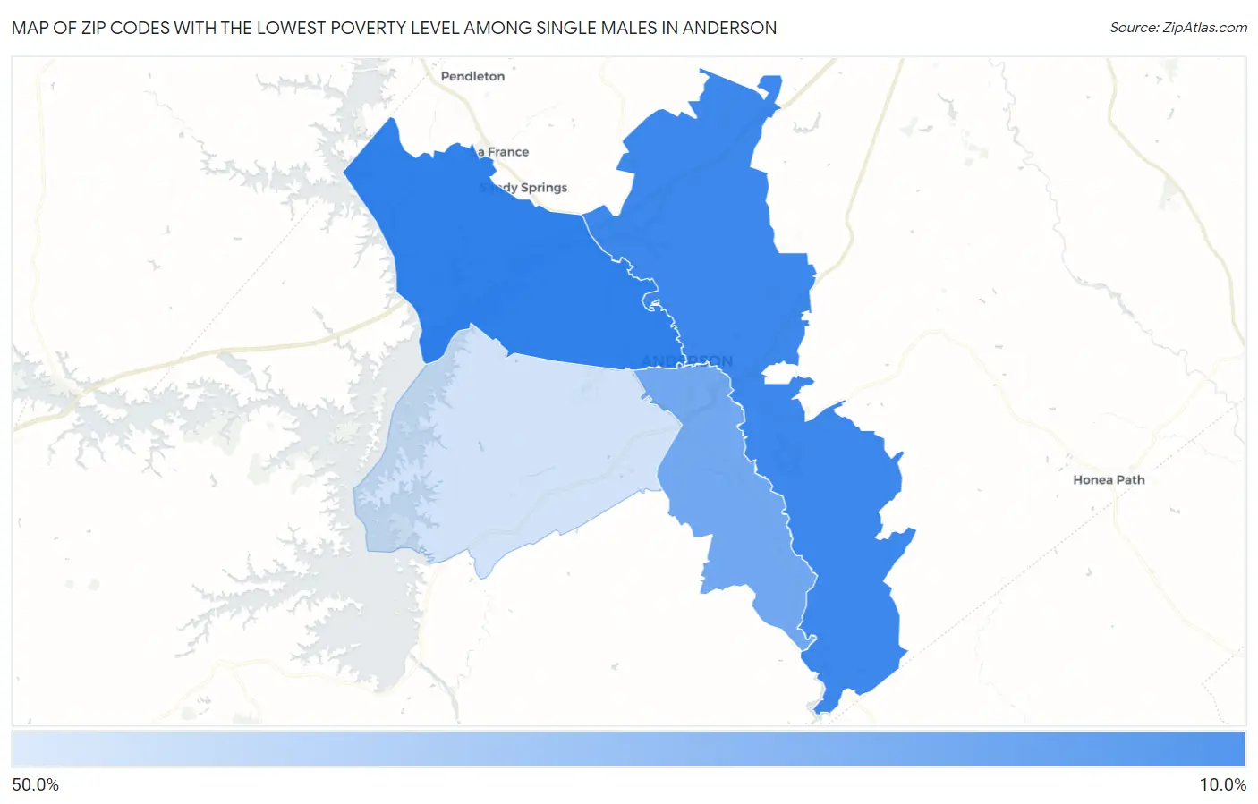 Zip Codes with the Lowest Poverty Level Among Single Males in Anderson Map