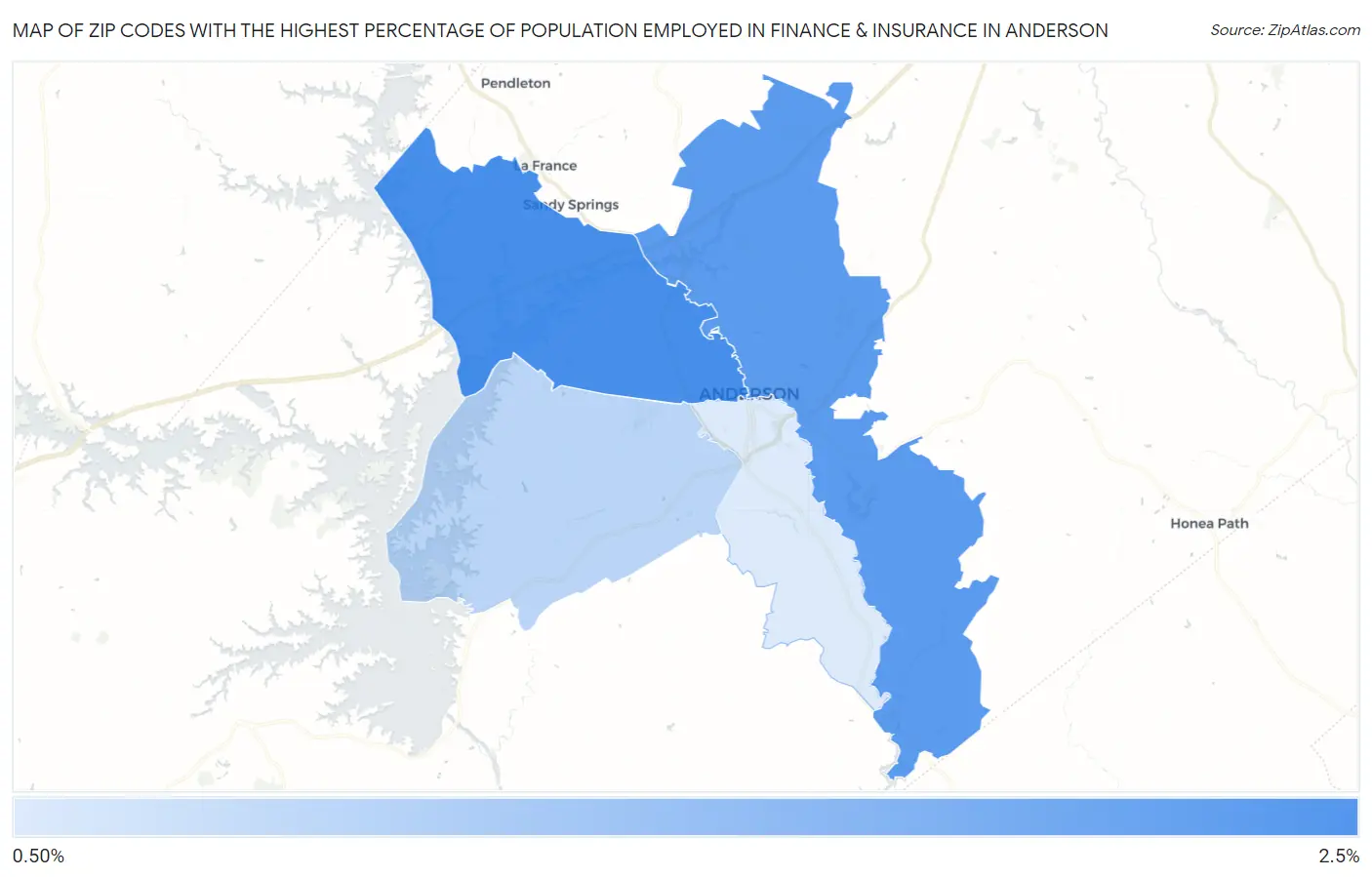 Zip Codes with the Highest Percentage of Population Employed in Finance & Insurance in Anderson Map