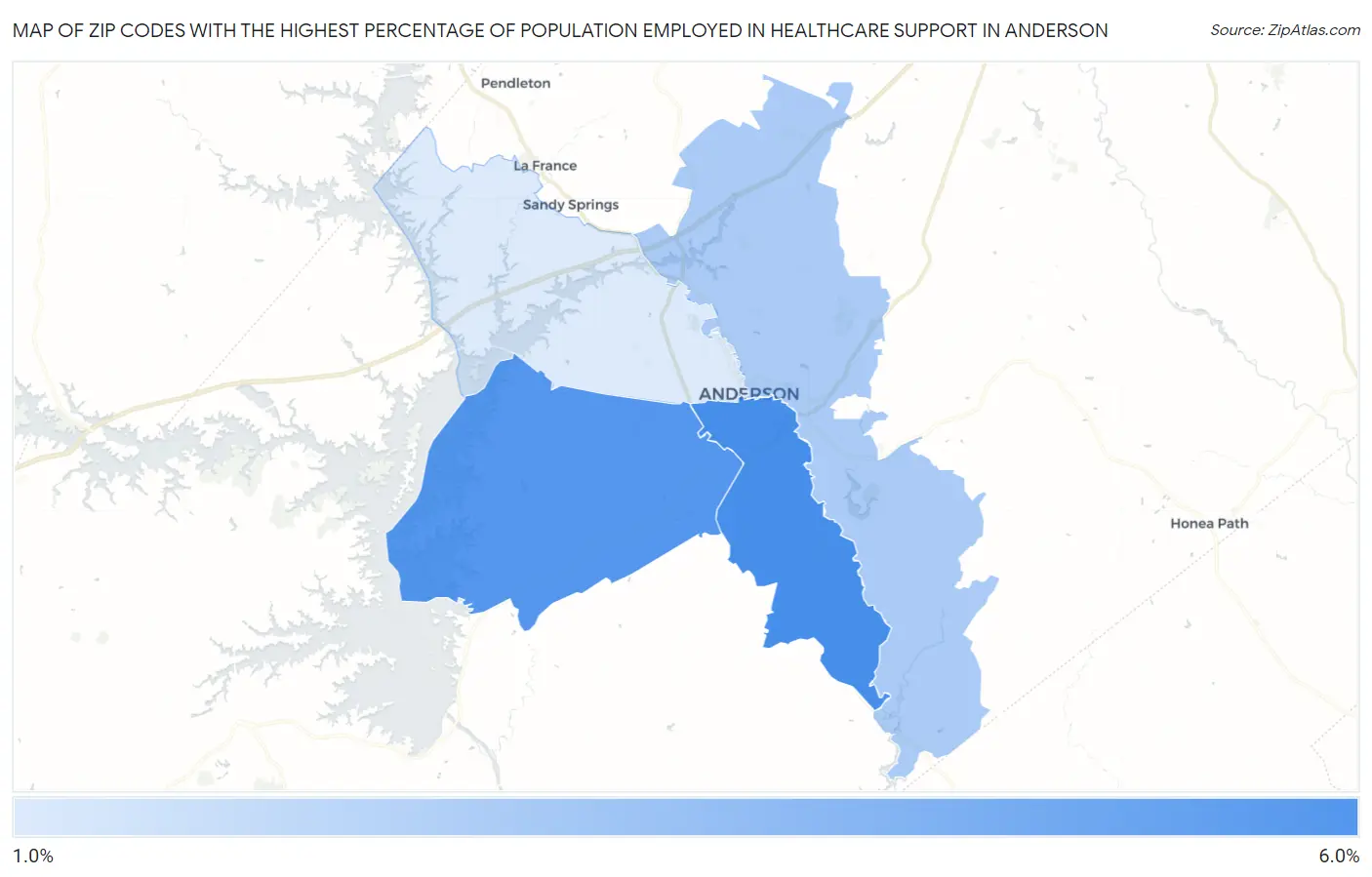 Zip Codes with the Highest Percentage of Population Employed in Healthcare Support in Anderson Map