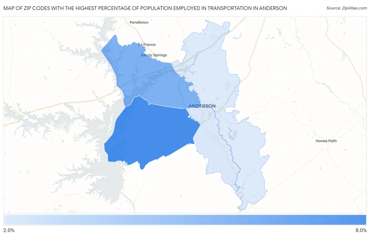 Zip Codes with the Highest Percentage of Population Employed in Transportation in Anderson Map