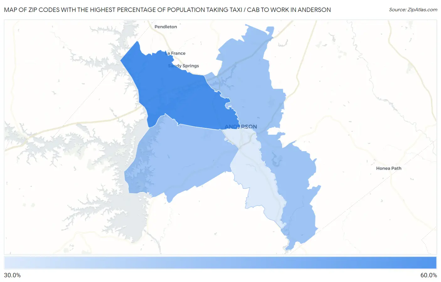 Zip Codes with the Highest Percentage of Population Taking Taxi / Cab to Work in Anderson Map