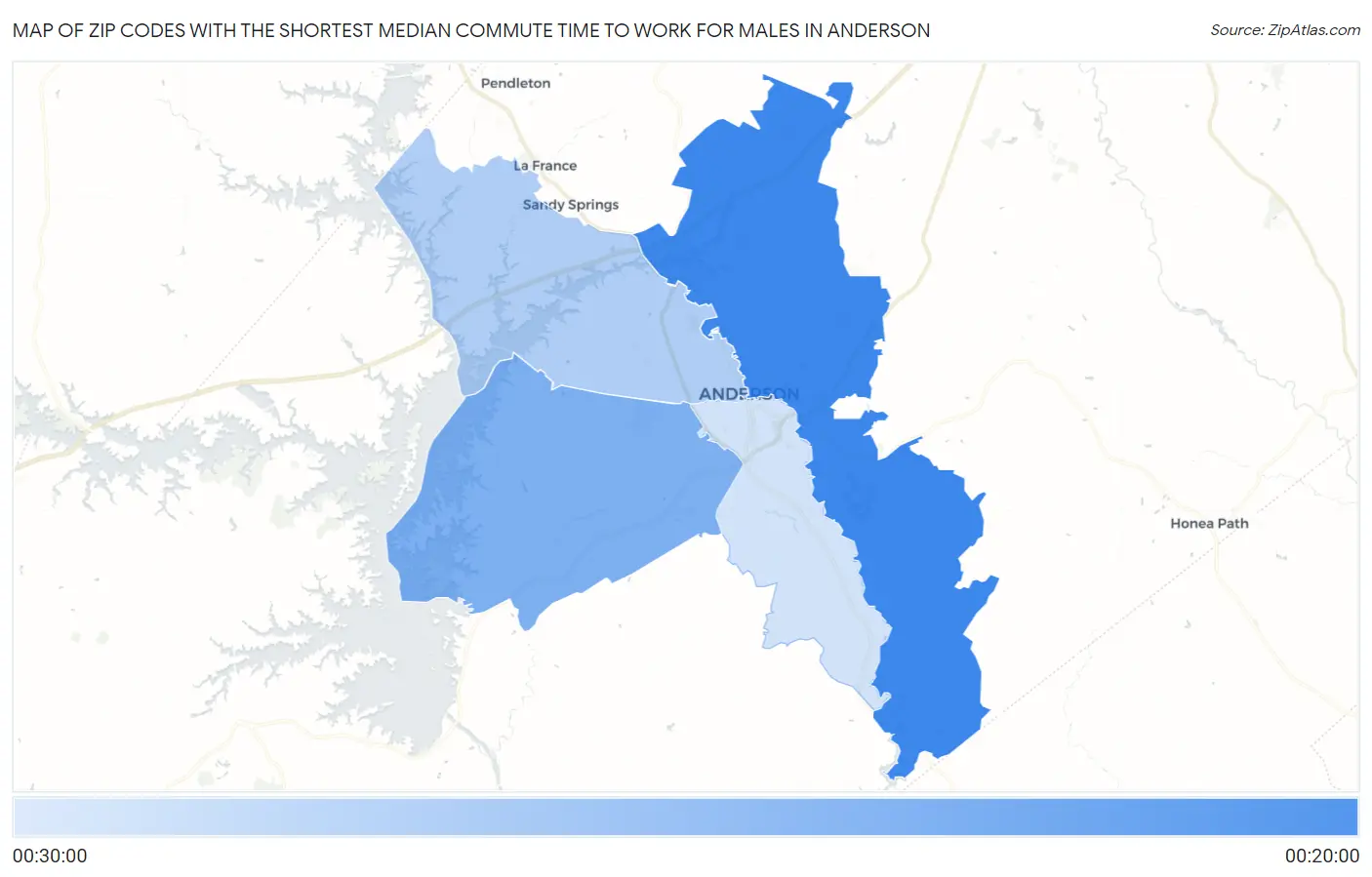 Zip Codes with the Shortest Median Commute Time to Work for Males in Anderson Map