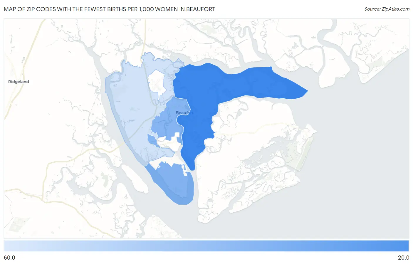 Zip Codes with the Fewest Births per 1,000 Women in Beaufort Map
