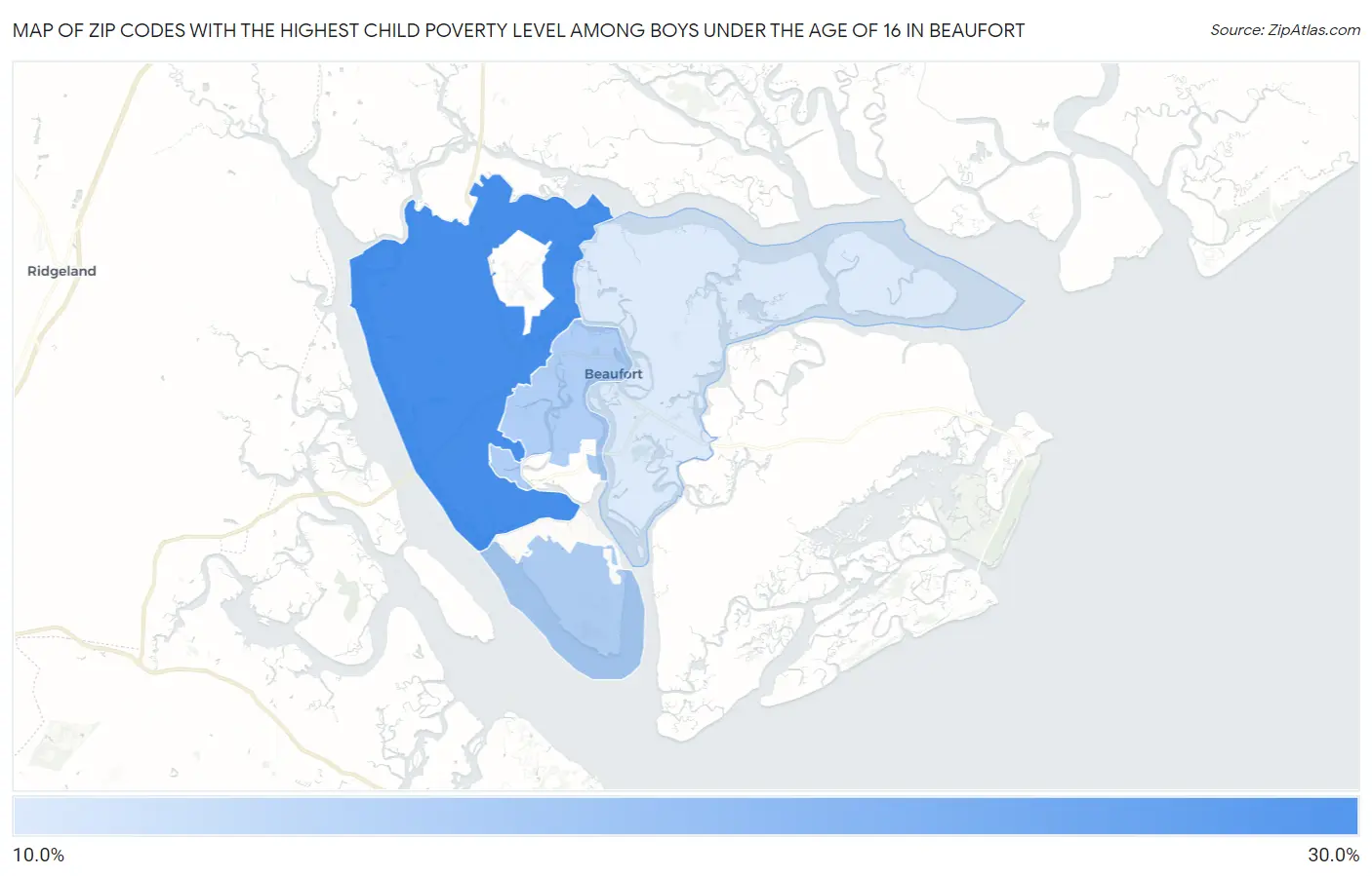 Zip Codes with the Highest Child Poverty Level Among Boys Under the Age of 16 in Beaufort Map