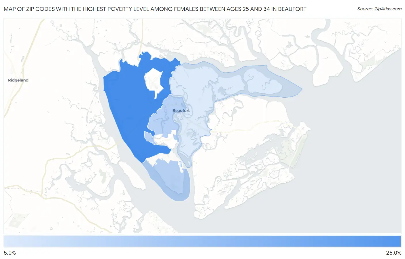 Zip Codes with the Highest Poverty Level Among Females Between Ages 25 and 34 in Beaufort Map