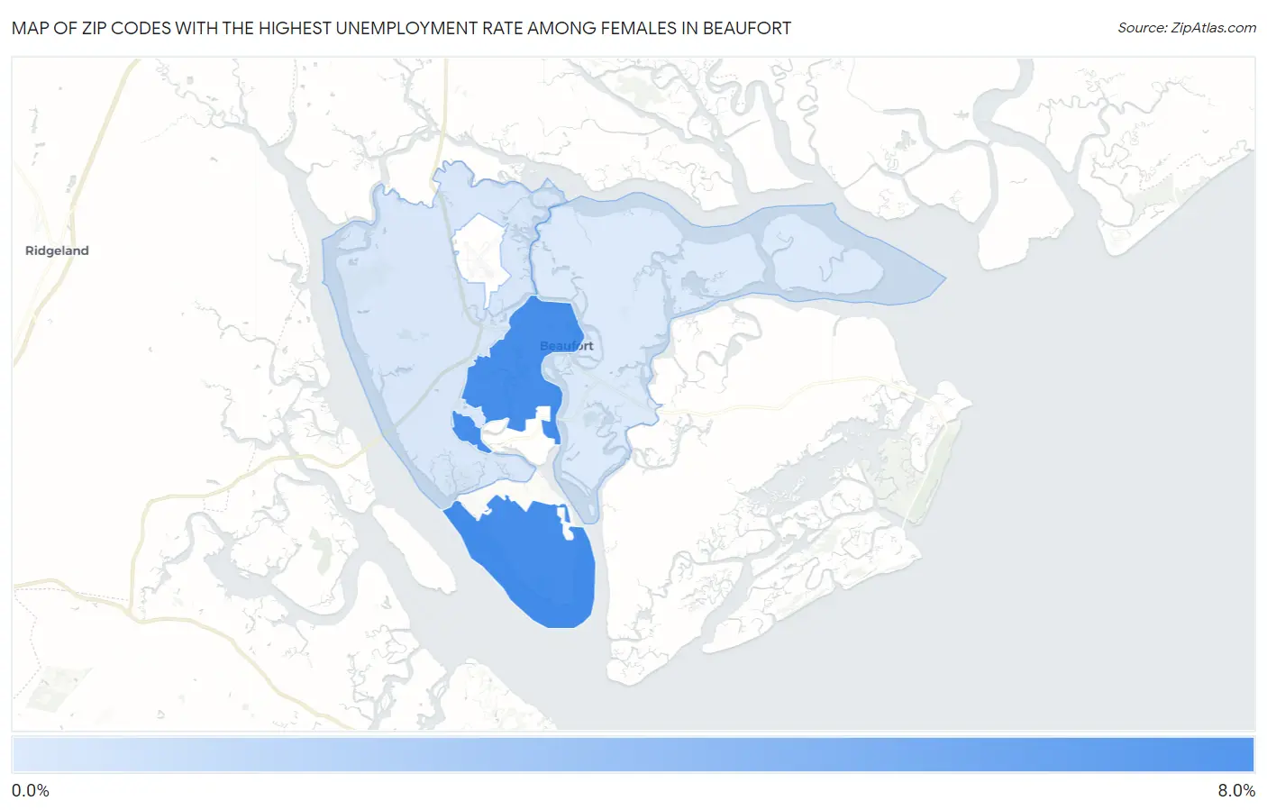 Zip Codes with the Highest Unemployment Rate Among Females in Beaufort Map