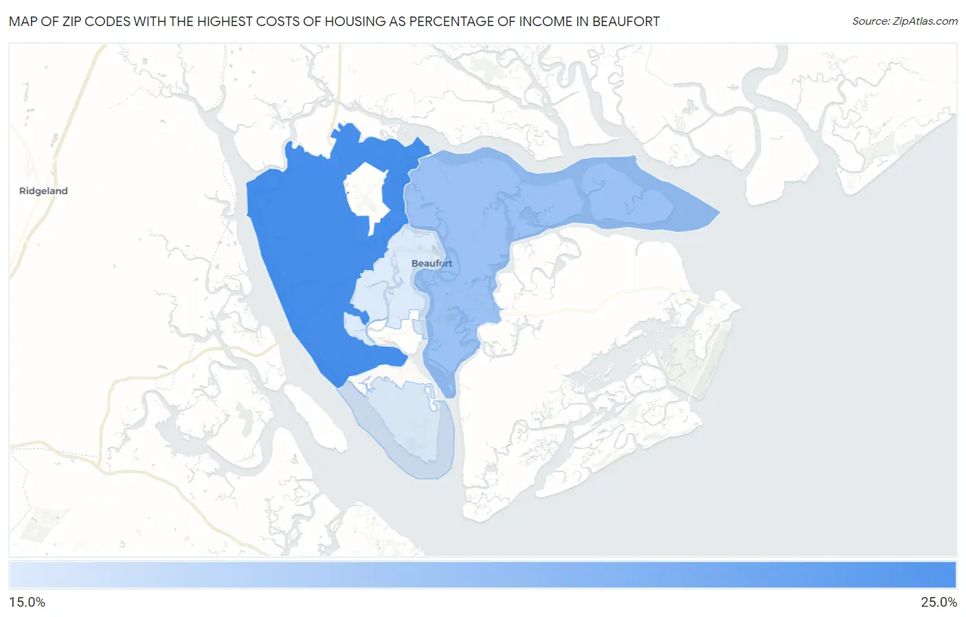 Zip Codes with the Highest Costs of Housing as Percentage of Income in Beaufort Map