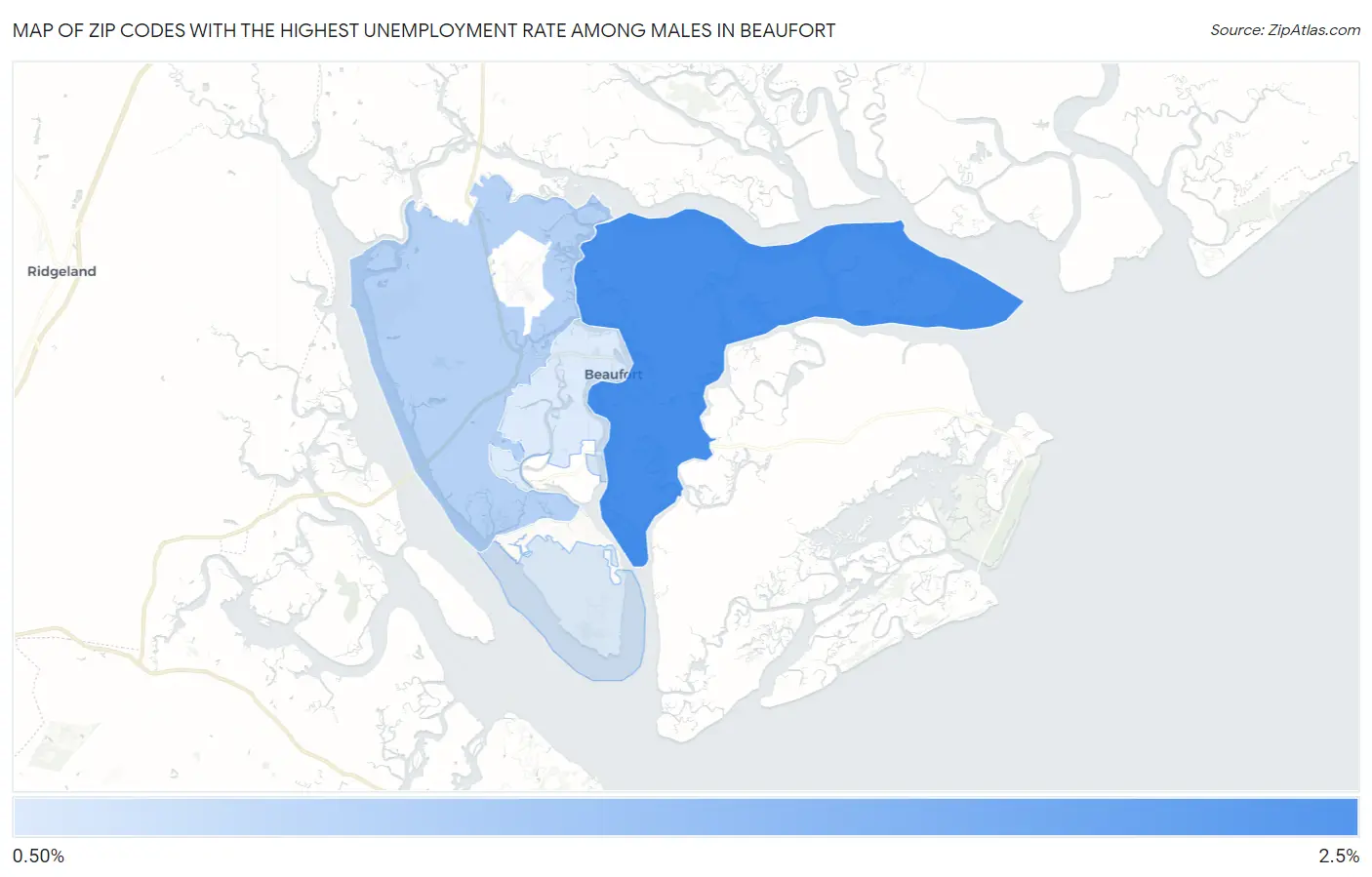 Zip Codes with the Highest Unemployment Rate Among Males in Beaufort Map
