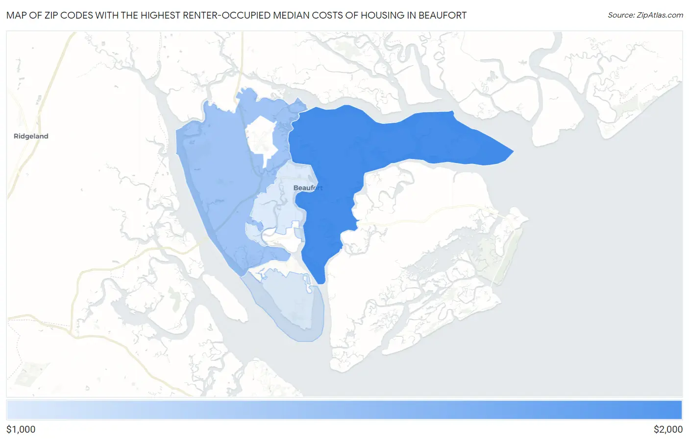 Zip Codes with the Highest Renter-Occupied Median Costs of Housing in Beaufort Map