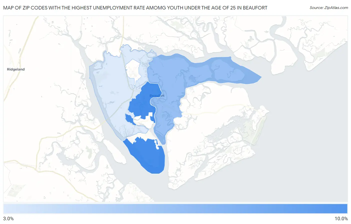 Zip Codes with the Highest Unemployment Rate Amomg Youth Under the Age of 25 in Beaufort Map