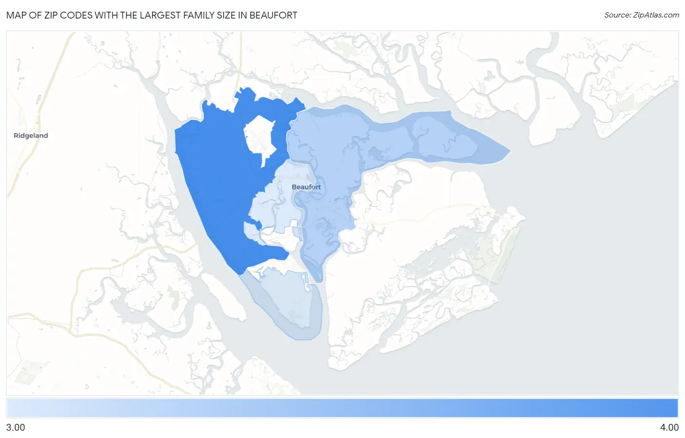 Zip Codes with the Largest Family Size in Beaufort Map