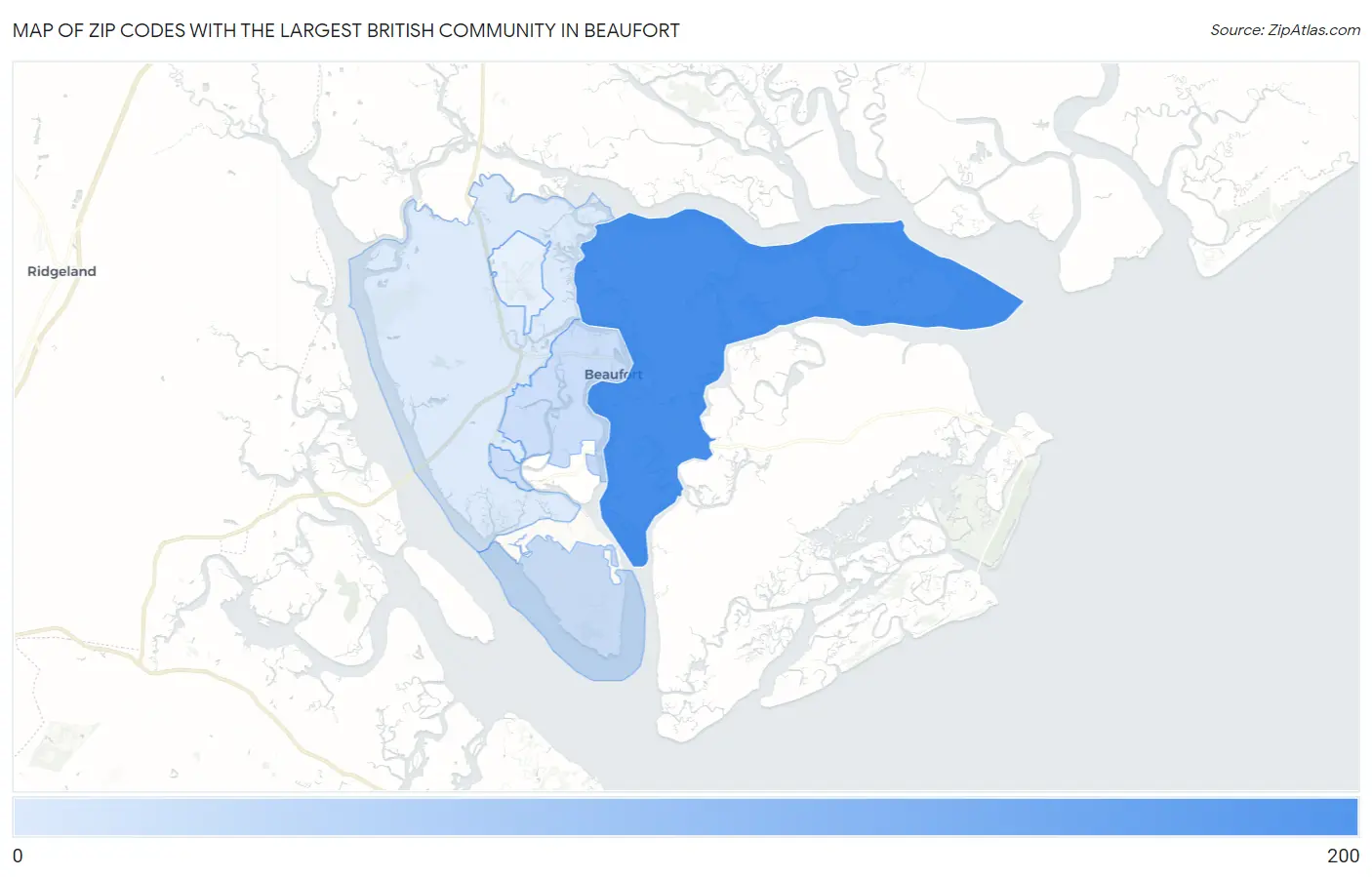 Zip Codes with the Largest British Community in Beaufort Map